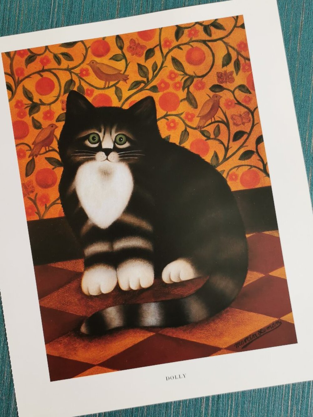 Dolly by Martin Leman Tuxedo Cat Art Print Kitty Floral Background Cat Lover